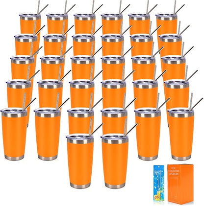 IEOVIEE 32 Pack, 20oz Stainless Steel Bulk Tumblers with Lids and Straws, Double Wall Insulated Travel Coffee Mug, Durable Powder Coated Tumbler Bulk Cup for Cold and Hot Drinks(Orange)
