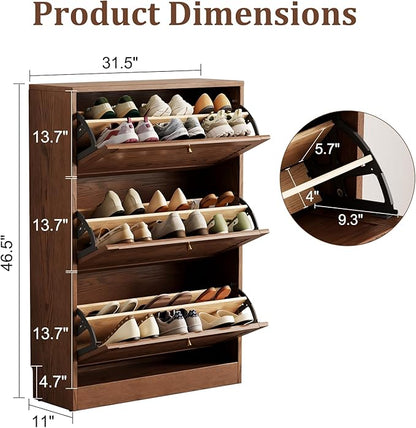 KungFuWood 31.4 W Soild Wood Shoe Storage Cabinet with 3 Flip Drawers for Entryway,Narrow Shoe Rack Cabinet with Adjustable Shelves,Morden Hidden Shoe Organizer