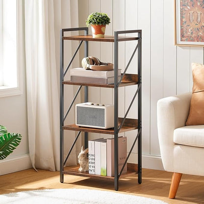 HOOBRO Bookshelf, 4-Tier Industrial Bookcase, Book Shelf Storage Organizer, Small Bookshelf with Metal Frame for Living Room, Bedroom, Home Office, Kitchen, Rustic Brown and Black BF40SJ01