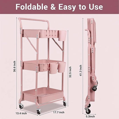 Amatic 3-Tier Folding Rolling Utility Cart with Wheels, Foldable Storage Cart Organizer with 3 Hanging Cups & 6 Hooks for Kitchen, Office, Living Room, Nursery(Pink)
