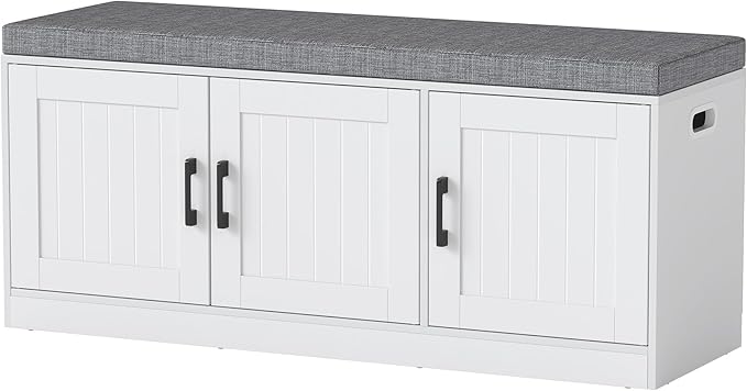 Shoe Storage Bench with Storage Cabinet, 3-Tier Entryway Bench with Padded Seat Cushion, Wood Shoe Cabinet Bench with 4 Adjustable Shelf for Living Room, Bedroom, White