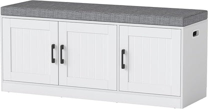 Shoe Storage Bench with Storage Cabinet, 3-Tier Entryway Bench with Padded Seat Cushion, Wood Shoe Cabinet Bench with 4 Adjustable Shelf for Living Room, Bedroom, White