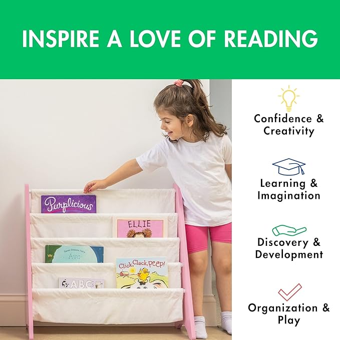 Humble Crew 4-Tier Kids Bookshelf, Pink/White - Premium Book Shelf for Kids Rooms with Four Deep Pockets - Toddler Sling Book Rack with Deep Sleeves, Nursery Bookcase Organize