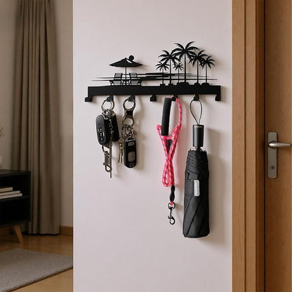 Tropical Style Key Holder Wall Mount with 7 Hooks, Key Hanger Organizer for Front Door, Hallway, Entryway & Office Decor, Featuring Sunset and Coconut Tree Design