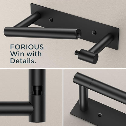 FORIOUS Black Toilet Paper Holder, Adhesive or Wall Mounted Options, Stainless Steel Rustproof Stick on no Drilling Double Post Pivoting Toilet Tissue Roll Holder Wall Mount for Bathroom, Matte Black