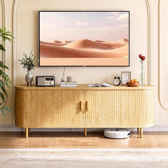 58" Mid Century Modern TV Stand with Power Outlet, Fluted Entertainment Center with Storage and Adjustable Shelves, Wood TV Console with Sliding Doors for Living Room, Oak