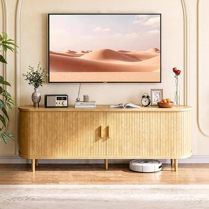 58" Mid Century Modern TV Stand with Power Outlet, Fluted Entertainment Center with Storage and Adjustable Shelves, Wood TV Console with Sliding Doors for Living Room, Oak