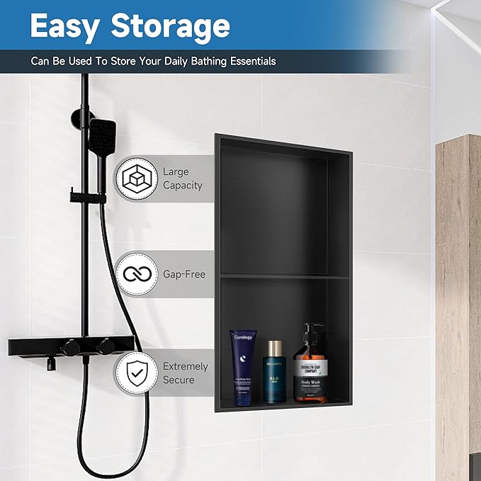 9" x 25" Black Modern Wall Mount Shower Niche with Double Recessed Shelves, No Tile Needed