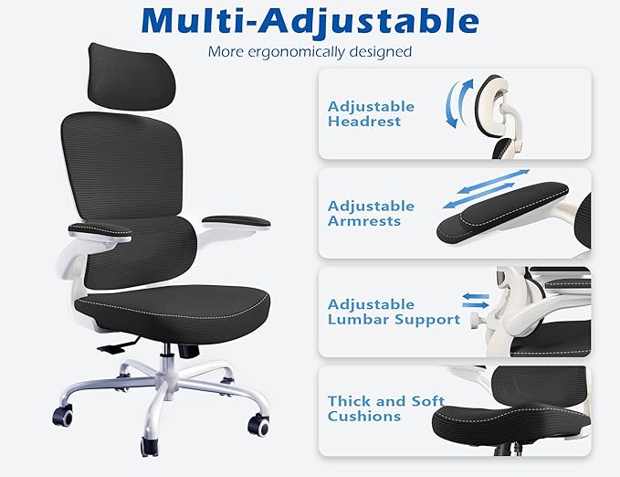 TRALT Ergonomic Office Chair - Desk Chair with Adjustable Headrest Lumbar Support Computer Chair - Mesh Comfy Chair with Flip-up Armrests - Gaming Chairs for Adults Home Office (Leather, Black White)