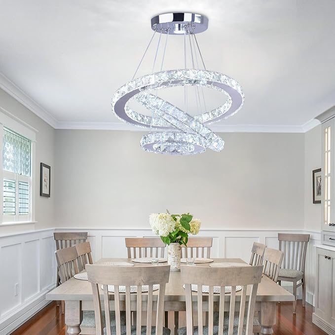 Modern Crystal Chandeliers 3 Rings Round LED Chandelier Fixtures DIY Pendant Lighting Stainless Steel Adjustable Chandelier Ceiling Light for Dining Room Bedroom Living Room (Cool White)