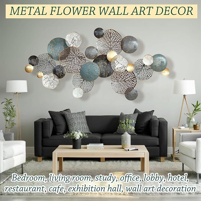 edaknez Large Metal Wall Decor, Metal Flower Wall Art for Living Room, 3D Stacked Leaves Wall Art Decor, Nautical Coastal Outdoor Indoor Wall Decor, Home Decoration (D 52 inch x 27 inch)