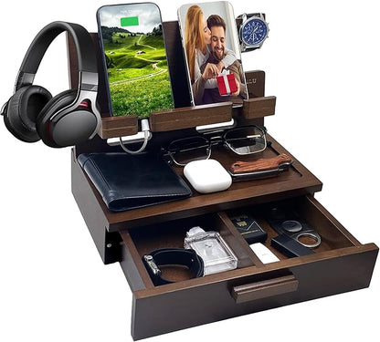 VEIYAILU Gifts for Men Women Him Husband Son Boyfriend Birthday Nightstand Organizer Wood Phone Docking Station Birthday Gifts (Deep Walnut)