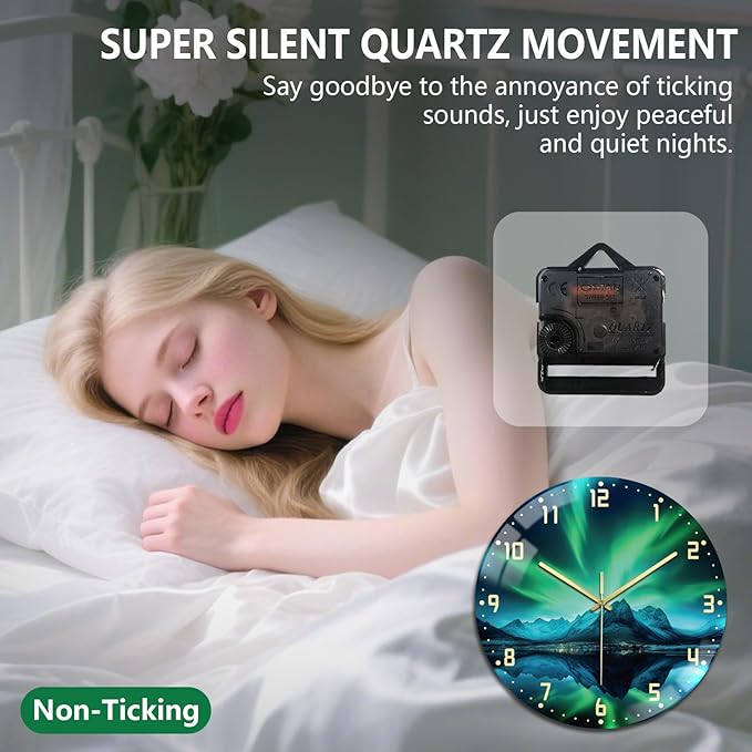 peacoblue Wall Clocks Battery Operated 12 Inch Aurora and Landscape Glass Round Wall Clock Non Ticking for Kitchen Living Room Dining Room Bedroom and Bathroom Decor (Battery not Included)