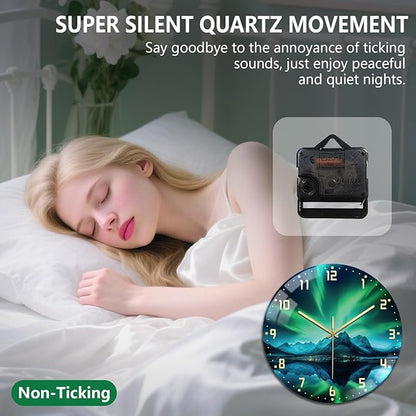 peacoblue Wall Clocks Battery Operated 12 Inch Aurora and Landscape Glass Round Wall Clock Non Ticking for Kitchen Living Room Dining Room Bedroom and Bathroom Decor (Battery not Included)