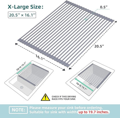 Ohuhu Sink Drying Rack, 20.5" W x 16.1" L Over The Sink Roll-Up Dish Drainer - Rolling Foldable Sink Accessories Heat-Resistant Mat Anti-Slip Silicone Coated Multipurpose for Kitchen Counter