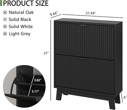 Shoe Cabinet with 2 Flip Drawers, 37" Tall Narrow Fluted Shoe Storage Organizer for Entryway, Hidden Slim Wooden Shoe Rack Cabinet for Front Door Entrance, Hallway, Living Room, Solid Black