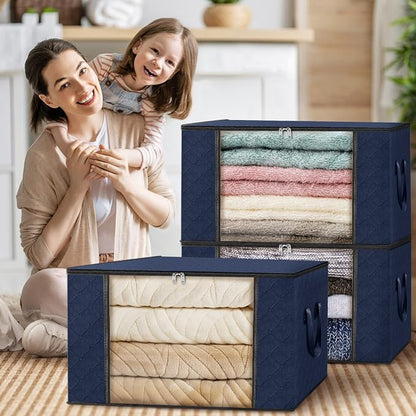 Fab totes Storage Bags,Clothes Blanket Storage Bins Foldable Closet Organizers with Reinforced Handle for Home Dorm Storage and Organization,Fabric Bags for Organizing Sheets,Clothing (Blue,6 Pack)