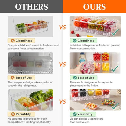 Lifewit 3 Pcs Ice Chilled Condiment Caddy with 5x 20 oz Containers, Condiment Server with Separate Lid, Serving Tray Platter with Removable Dishes for Bar, Fruit, Salad, Taco, Party Garnish