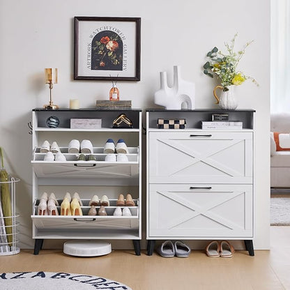 Shoe Storage Cabinet with 2 Flip Drawers, Farmhouse Shoes Organizer for Entryway, Narrow Hidden Shoe Rack with Wooden Legs & Open Storage, Free Standing Shoe Closet for Foyer, Hallway, White