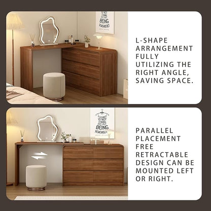Makeup Vanity Desk with Mirror and Lights, 50-90inch Extendable Mid Century Walnut Makeup Dresser Combo with 47 Inch 6 Drawer Dresser, L Shaped Vanity Desk and Stool, Brown