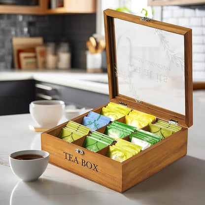 Wooden Tea Box, DecorativeTea Box Organizer,Teas Organizers and Storage,Tea Holder Organizer with 9 Compartments Clear Lid for Home Gifts & Tea Parties