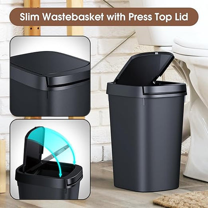 CEROELDA 3 Pack Slim Bathroom Trash Can, 10L/2.6 Gal with Press Top and Pop-up Lid, Plastic Wastebasket for Toilet, Office, Bedroom (Black)