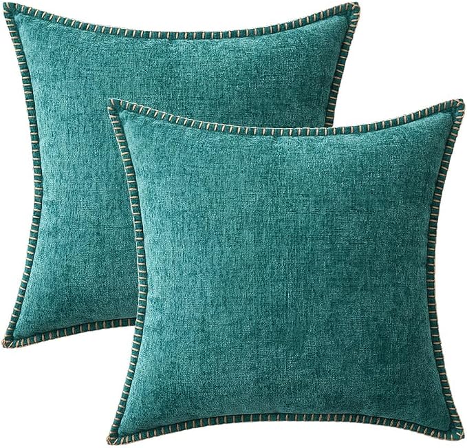 MIULEE Pack of 2 Couch Throw Pillow Covers 16x16 Inch Teal Farmhouse Decorative Pillow Covers with Stitched Edge Soft Chenille Solid Dyed Summer Pillow Covers for Sofa Bed Living Room