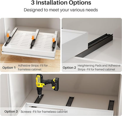 Pull out Cabinet Organizer, 2-Pack Expandable(13.6"-24") Silde out Drawers with Raising Pad for Framed Cabinets, Adjustable Full-Extension Adhesive Roll out Shelves for Kitchen Pantry Home Pot and Pan