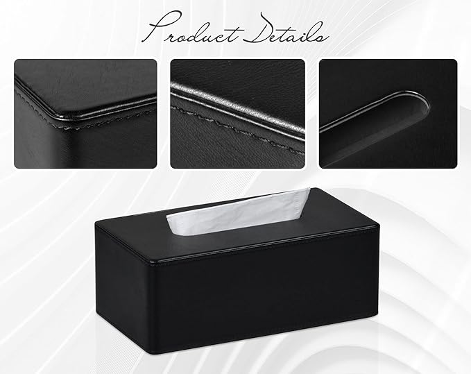 GOLRANLYE Tissue Box Cover Rectangular 9.8"(L) x 5.3"(W) x 4.3"(H) Refined Modern PU Leather Facial Tissue Dispenser Box Holder for Dresser Bathroom Decorative (Black)