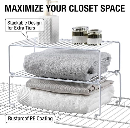 4-Pack Kitchen Cabinet Shelf Riser - Stackable Cupboard Organizer & Wire Rack for Pantry, Spice Organization, Desk & Bathroom, Rustproof Metal Closet Shelves, White (15.7" L x 8.5" W)