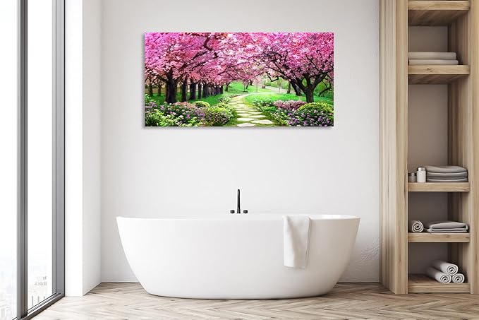 Aibonnly Canvas Wall Art Painting Pink Cherry Blossoms 1 Piece Park Tree Forest Wallpaper Spring landscape Picture Poster Print Framed and Stretched Ready to Hang for Living Room Bedroom Artwork