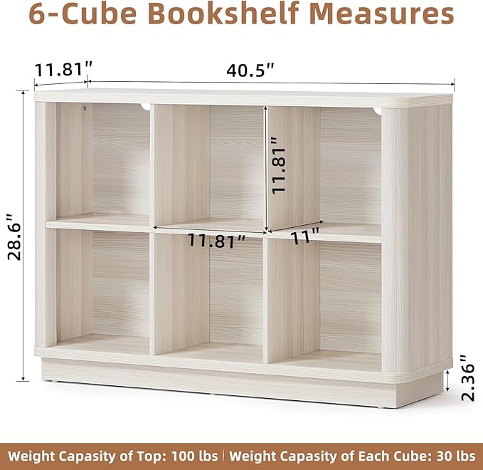 6 Cube Bookcase, 40" Wide Low Horizontal Book Shelf Curved Edge, Wood Floor Standing 2-Tier Bookshelf with Base, Modern Short Storage Cabinet Book Case for Bedroom,Office, Grey-White Cream Oak