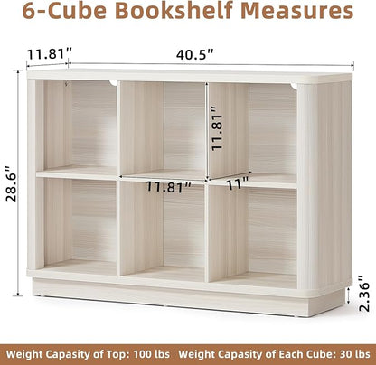 6 Cube Bookcase, 40" Wide Low Horizontal Book Shelf Curved Edge, Wood Floor Standing 2-Tier Bookshelf with Base, Modern Short Storage Cabinet Book Case for Bedroom,Office, Grey-White Cream Oak