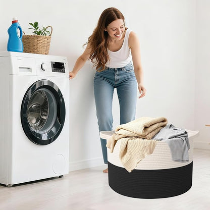 115L Extra Large Blanket Basket,Woven Rope Laundry Basket Hamper with Handles, Decorative Nursery Basket Storage Bin for Toys, Clothes Organizer, Living Room, Bedroom, Bathroom, White&Black