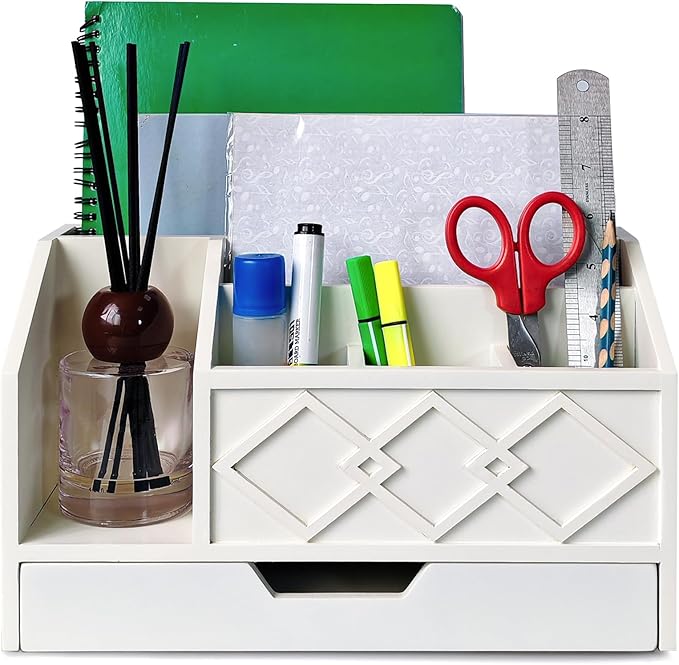 White Wooden Mail Organizer with Drawer, Three Tiered Desk Accessories for Office Organization and Storage, Stylish Countertop Document Storage, Home/Office/Classroom Supplies (White01)