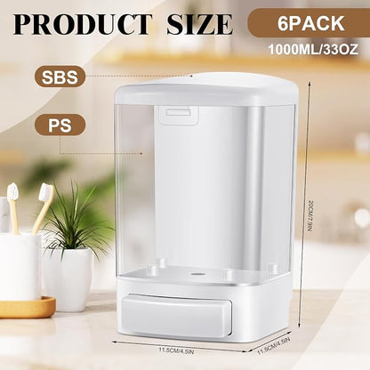 Hushee 6 Pcs Plastic Wall Mounted Soap Dispenser Commercial Manual Soap Dispenser Containers for Kitchen Shower Hotel(White,33.8 oz 1000ml)