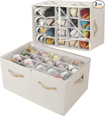 TOPIA HOME Shoe Organizer for Closet 2 Pack, Foldable Shoe Box with Adjustable Divider and Clear Cover, Space Saving Shoe Storage Organizer Cabinet with Reinforced Handles, Fits 40 Pair, Beige, TP11Y