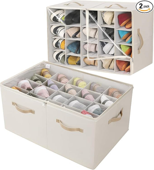 TOPIA HOME Shoe Organizer for Closet 2 Pack, Foldable Shoe Box with Adjustable Divider and Clear Cover, Space Saving Shoe Storage Organizer Cabinet with Reinforced Handles, Fits 40 Pair, Beige, TP11Y