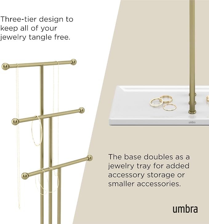 Umbra Trigem Hanging Jewelry Organizer Tiered Tabletop Free Standing Necklace Holder Display, White/Gold