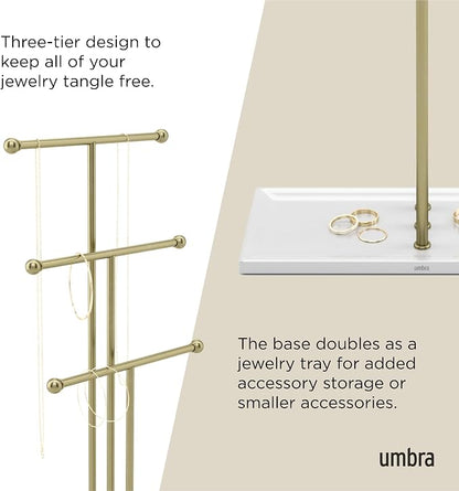 Umbra Trigem Hanging Jewelry Organizer Tiered Tabletop Free Standing Necklace Holder Display, White/Gold