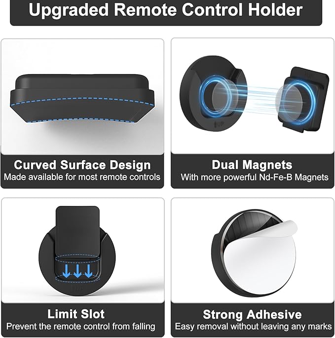 YYILIS Magnetic Remote Control Holder Wall Mount, 4 Pack TV Remote Control Holder for Fan/Air Conditioner, Self-Adhesive Bedside Caddy for TV Backside/Bedroom/Office/RV Home Organizer Storage(Black)