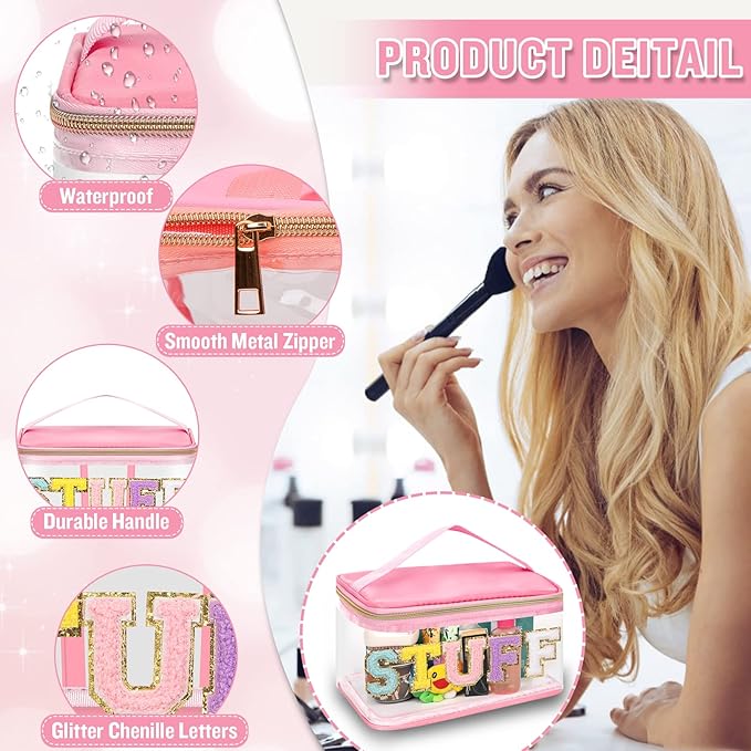 Chenille Letter Clear Makeup Bags Stuff Pouch, Preppy Patch Makeup Bag Zipper with Handle, Transparent PVC & Nylon Waterproof Glitter Cosmetic Handbag Travel Toiletry Storage for Women (STUFF-Pink)