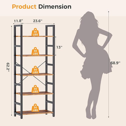 DUMOS 5-Tier Bookshelf, Modern Tall Bookcase, Open Storage Display Shelf for Living Room, Bedroom, Home Office, Narrow Standing Shelving Unit for Books, CDs, Décor，Rustic Brown