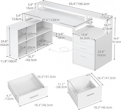 DWVO L Shaped Desk with Drawers, 65" Computer Desk with Power Outlets & LED Lights, Corner Home Office Desk with Storage Shelves & Printer Stand, White