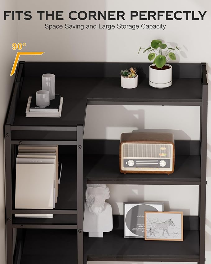Large 5-Tier Corner Bookshelf - Modern Tall Corner Shelf Storage Display Rack with Sturdy Metal Frame - Perfect for Living Room, Home Office, Books and Decor Display