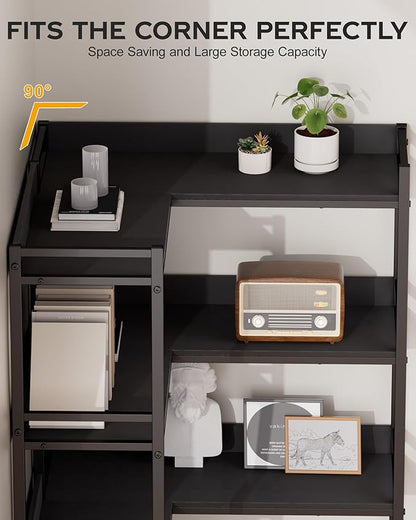 Large 5-Tier Corner Bookshelf - Modern Tall Corner Shelf Storage Display Rack with Sturdy Metal Frame - Perfect for Living Room, Home Office, Books and Decor Display