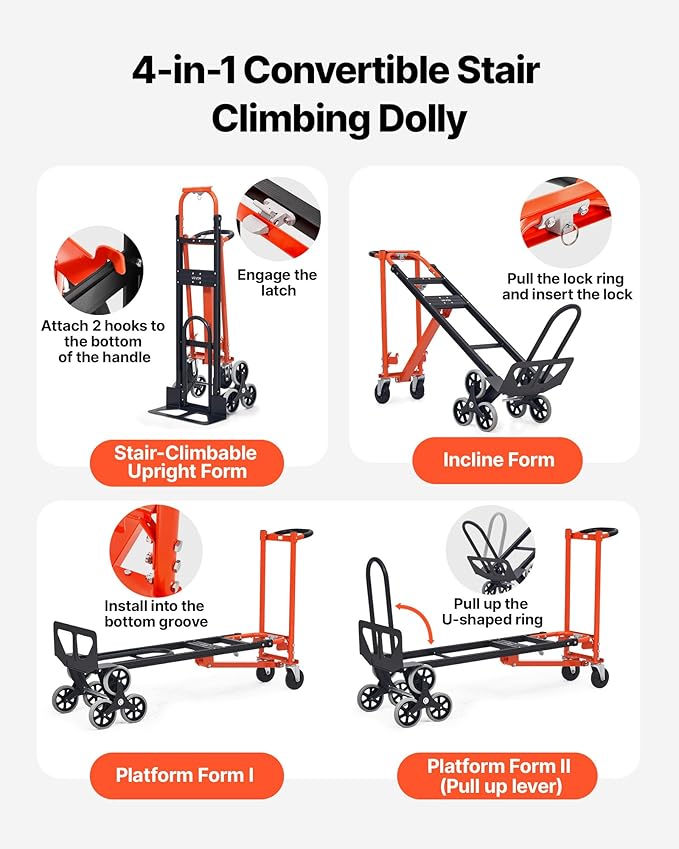 VEVOR 3 in 1 Industrial Convertible Stair Climbing Cart, 770 lbs Max Load, Folding Hand Truck Dolly with Handle & Wheels, Stair Climbing Utility Trolley for Transport & Moving, Orange & Silver