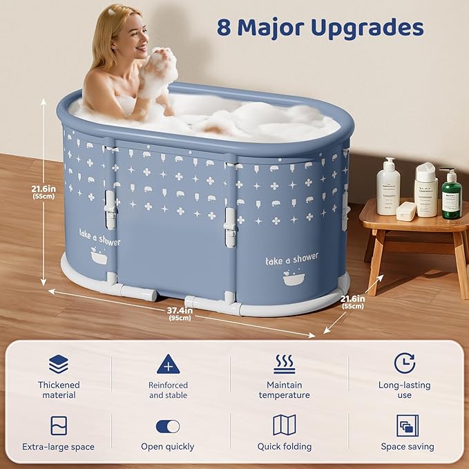 Portable Bathtub, Foldable Bathtub No Installation, Freestanding Shower Bathtubs with Cushion, Collapsible SPA Soaking Bath Tub, Hot & Ice Bath Tub for Indoor Outdoor (Pink White Grid)