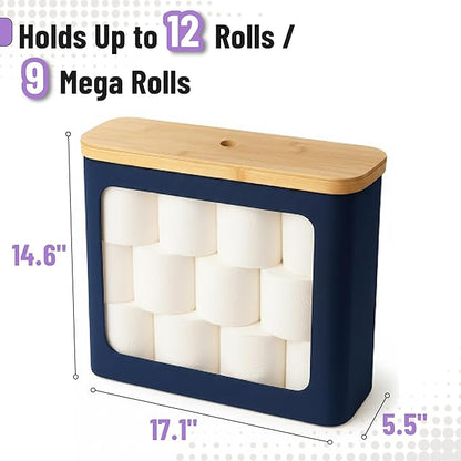BAMBOO LAND- Toilet Paper Storage with Bamboo Lid for 12 Rolls, Dark Blue, Waterproof Bamboo Toilet Paper Holder Basket
