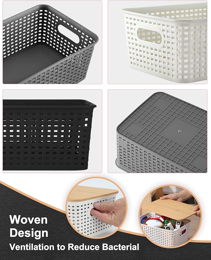 AREYZIN Storage Bins with Bamboo Lids Set of 6 Lidded Storage Container Plastic Baskets Organizer Bins for Organizing Kithen Room Bedroom Office Closet, Sturdy(White)